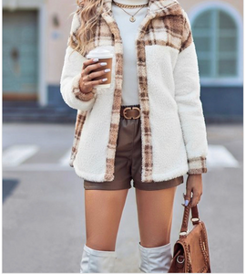 Khaki Color Block Front Open Button Fuzzy Jacket