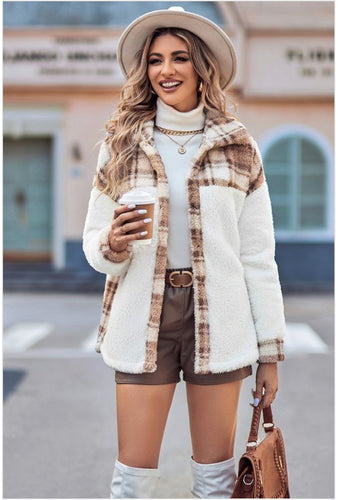 Khaki Color Block Front Open Button Fuzzy Jacket