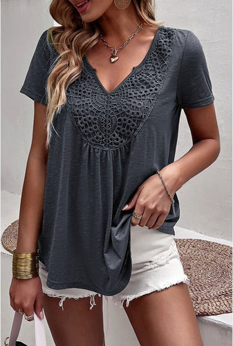 Forget Me Gray Lace Crochet Patchwork V Neck Top